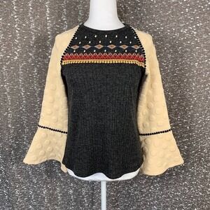 THML Anthropologie Embroidered Bell Sleeve Pullover Sweater Boho Women's XS